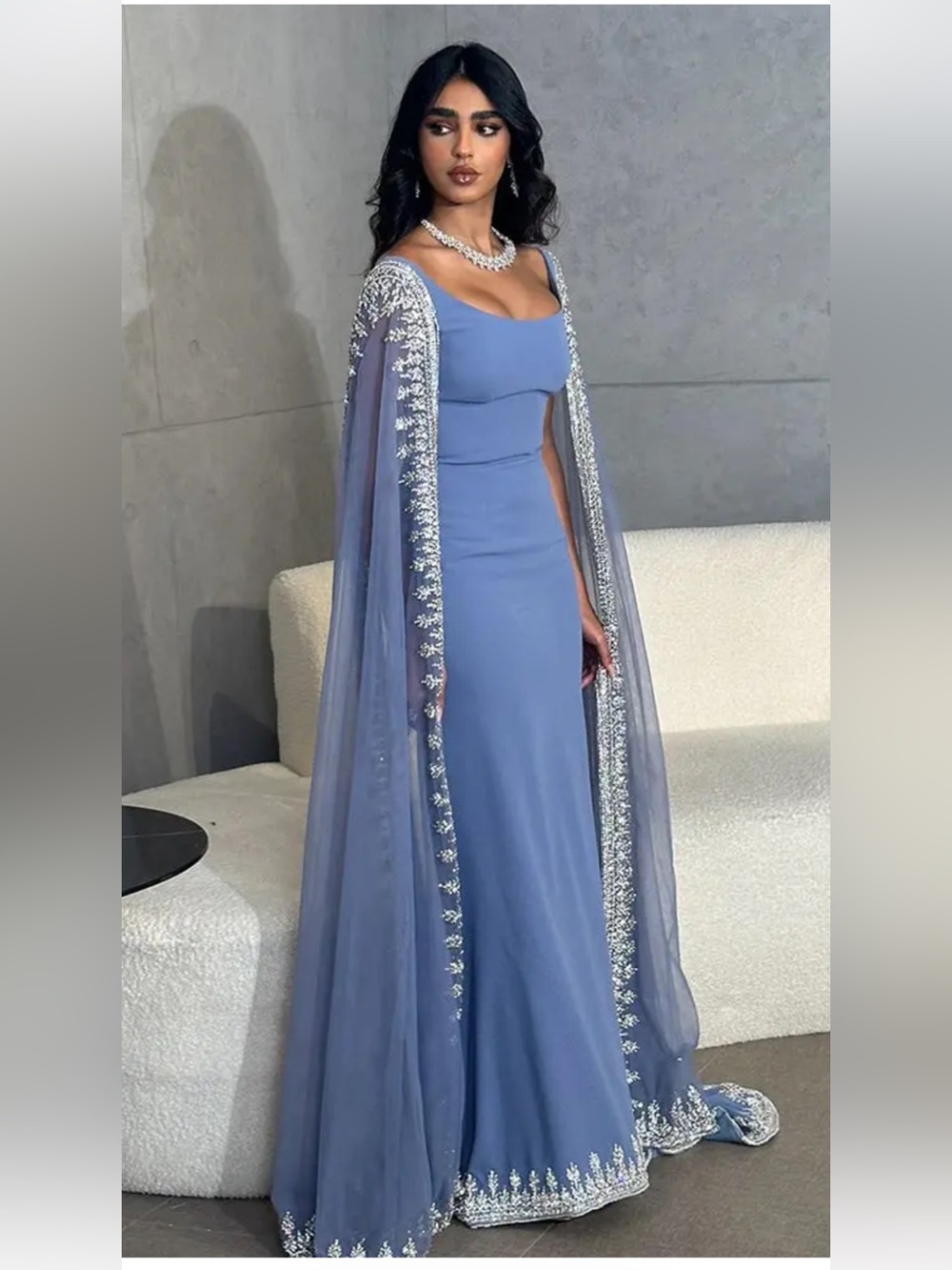 Elegant Powder Blue Evening Gown with Embellished Sheer Cape